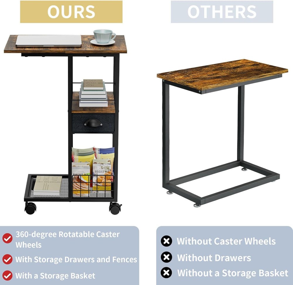 C Shaped Sofa Side Table Couch End Table with Drawer Bedside Table with Wheels