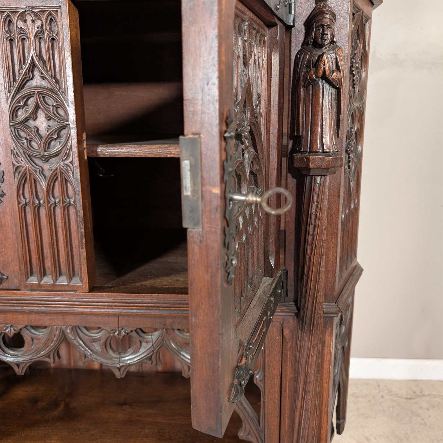 Premium Quality Antique French Gothic Carved Walnut Cabinet Pedestal