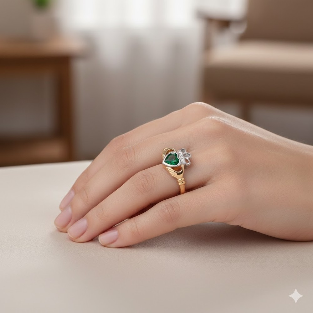 18ct Gold Emerald Claddagh Ring on Solid Sterling Silver 925 Hallmark