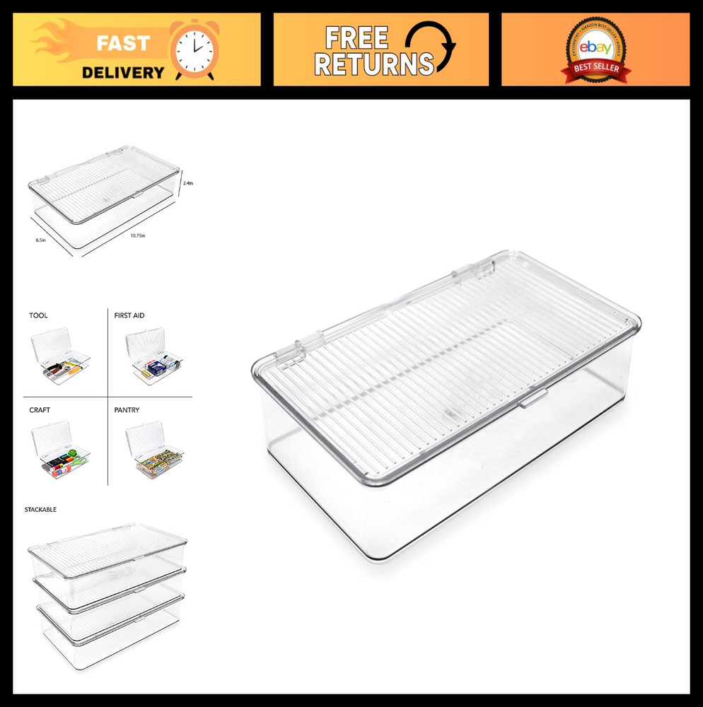 Stackable Clear Organizer Bin with Hinged Lid - 10.75"x6.5"x2.4" Storage Box for