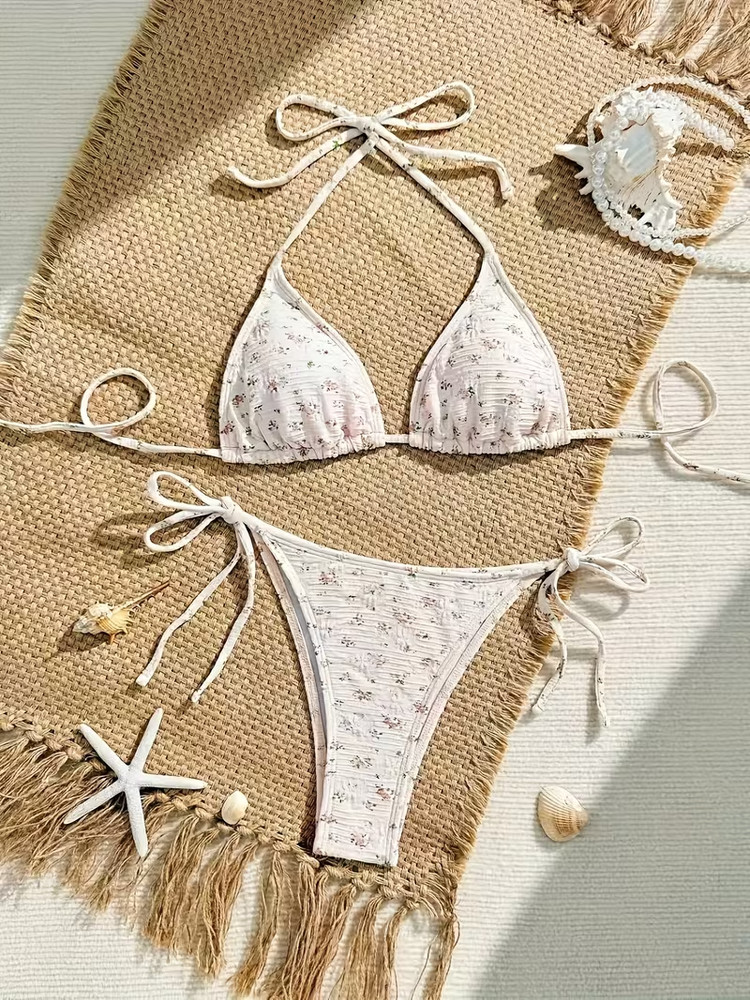 Floral 3D Print String Bikini - Triangle Bikini Set