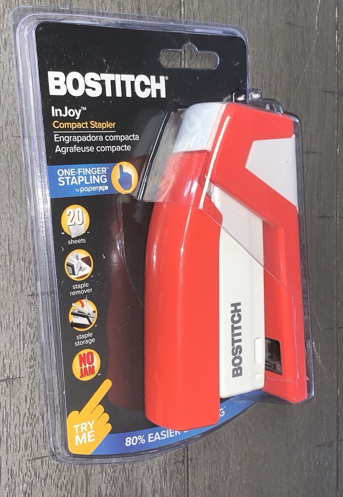 B2 Bostitch Injoy Spring-Powered Compact Stapler, 20-Sheet Capacity Red Standard