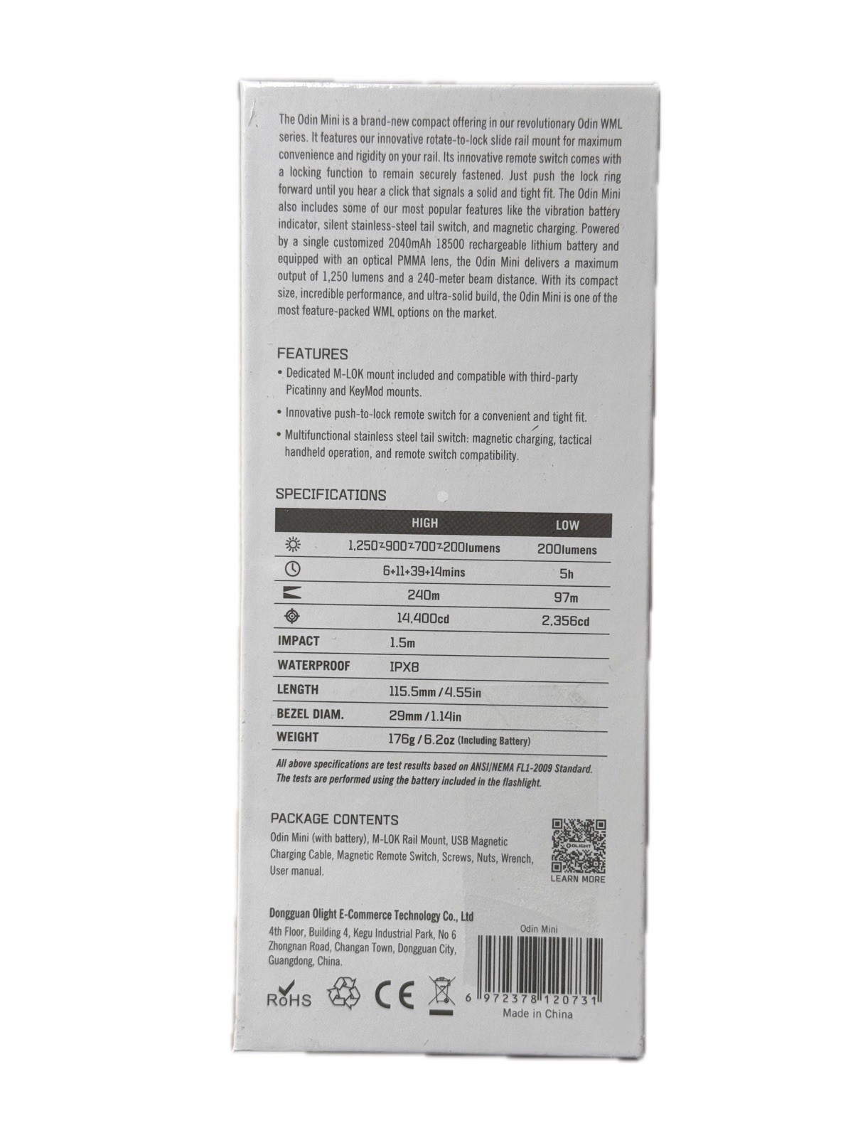 Olight Odin Mini 1250 Lumens Rechargeable M-LOK Rail Mounted Weapon Light