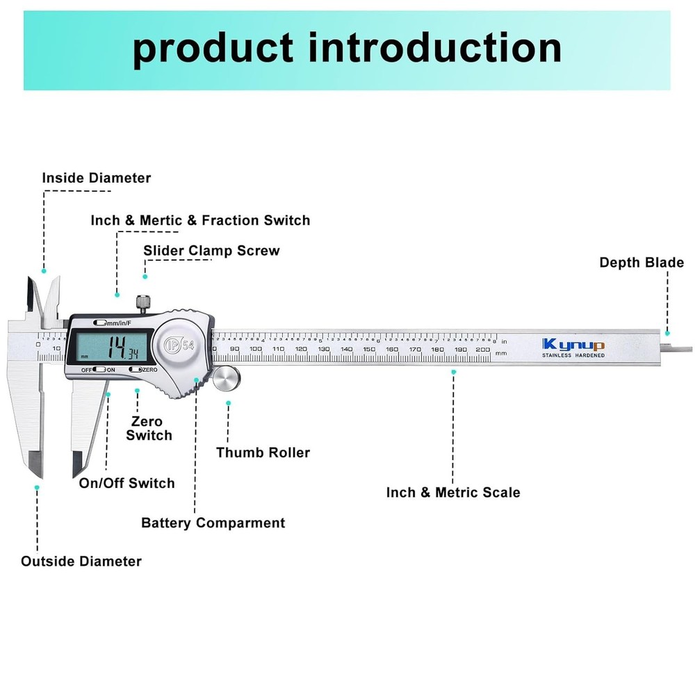Professional 8-Inch Digital Caliper with Three Unit Conversion and LCD Display