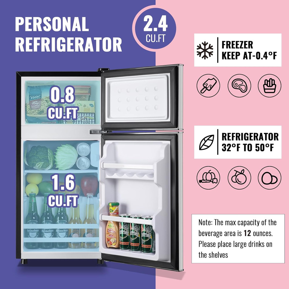 2.4 Cu.Ft Small Refrigerator with Freezer Dorm Mini Fridge Removable Plastic She