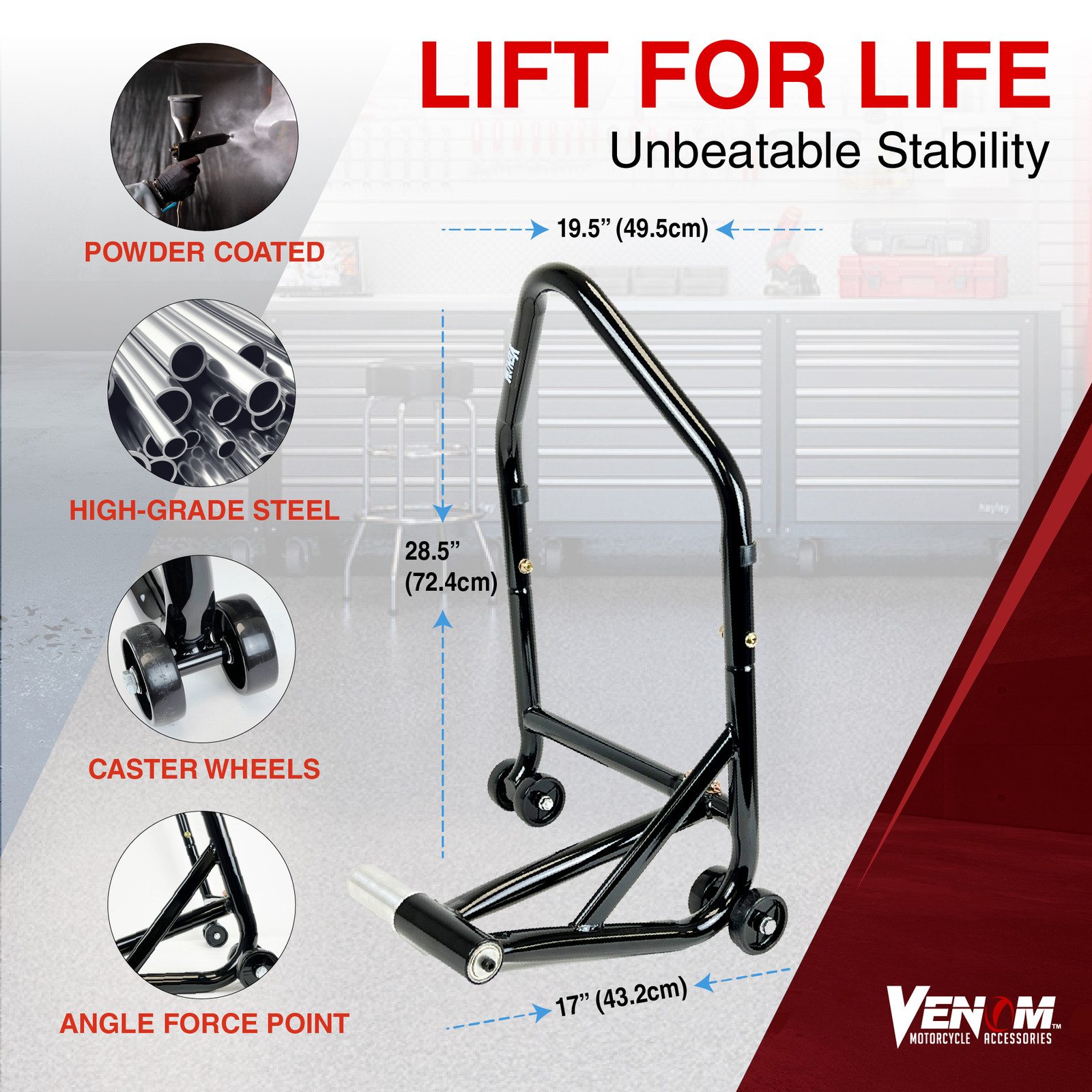 Venom Single-sided Motorcycle Stand Lift, Swingarm Rear Stand with 28.4 mm Pin