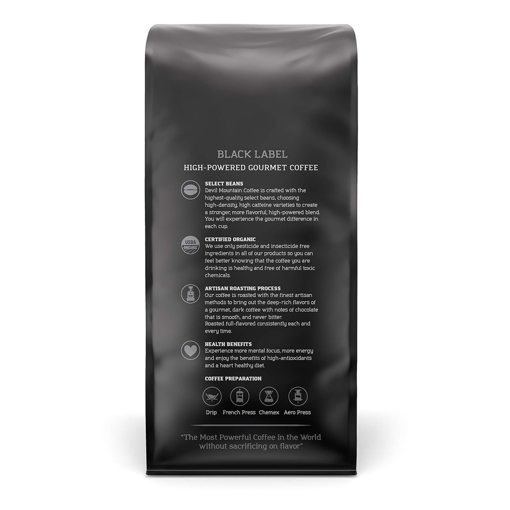 Devil Mountain Black Label Dark Roast Coffee, High Caffeine, 16 Oz Bag