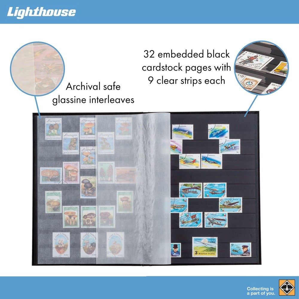 LIGHTHOUSE – “BASIC” Hard Cover Stockbook for Stamps - 32 Black Cardstock 6”x...