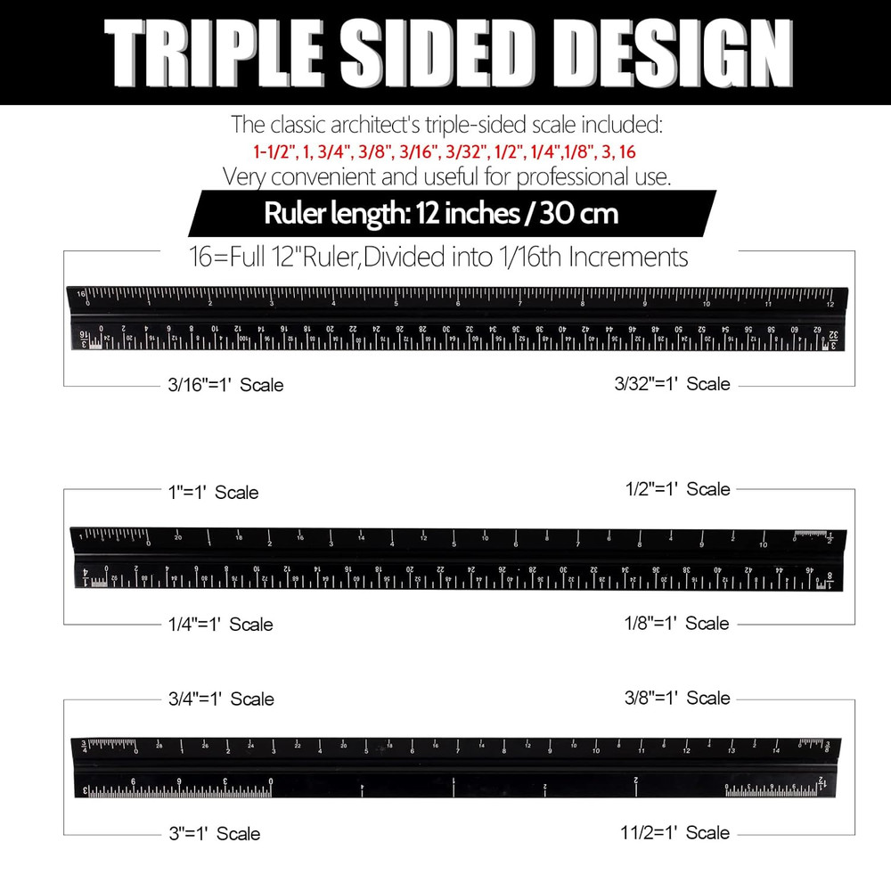 12 Aluminum Triangular Architect Scale Ruler with Laser-Etched Imperial Marks