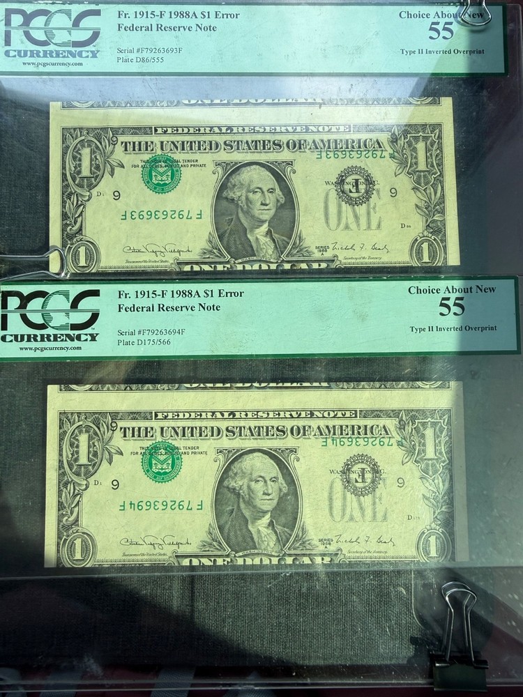 $1 Dollar Inverted Overprint Type II ERROR - CONSECUTIVE PAIR - PCGS 55 AU