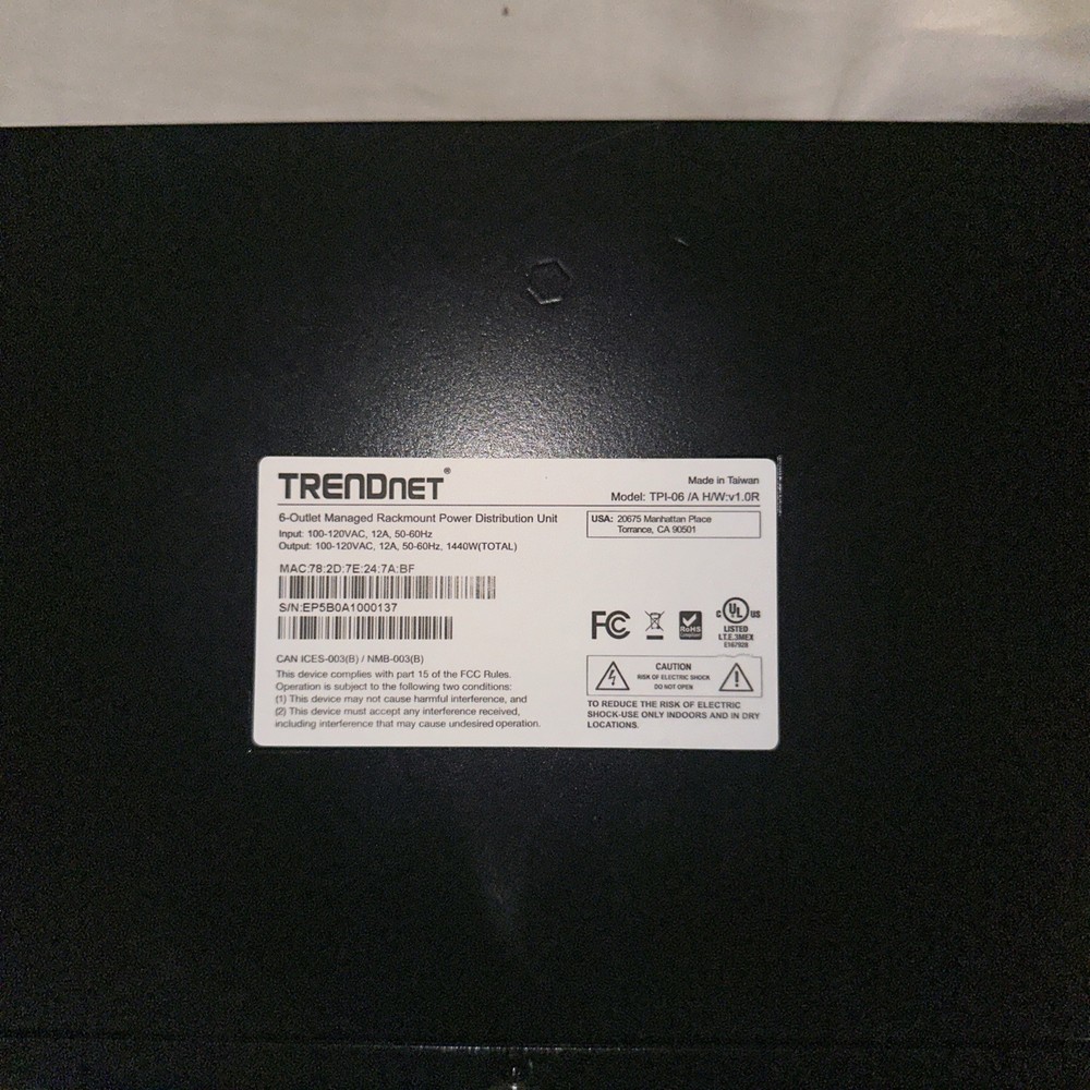 Trendnet TPI-06 Power Distribution Unit Rackmount 6 Plug In With LAN Working