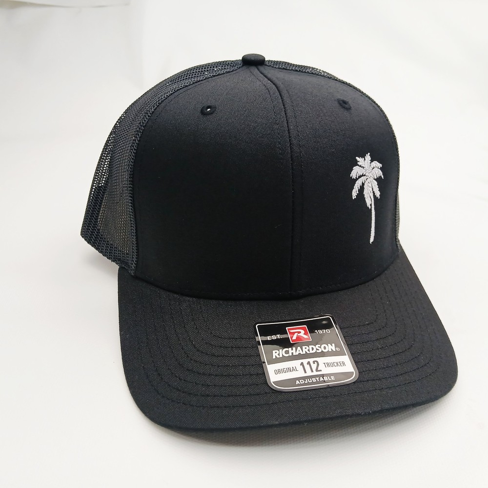 Palm Tree Off Set Direct Embroidery Black Richardson 112 Snapback Hat Cap