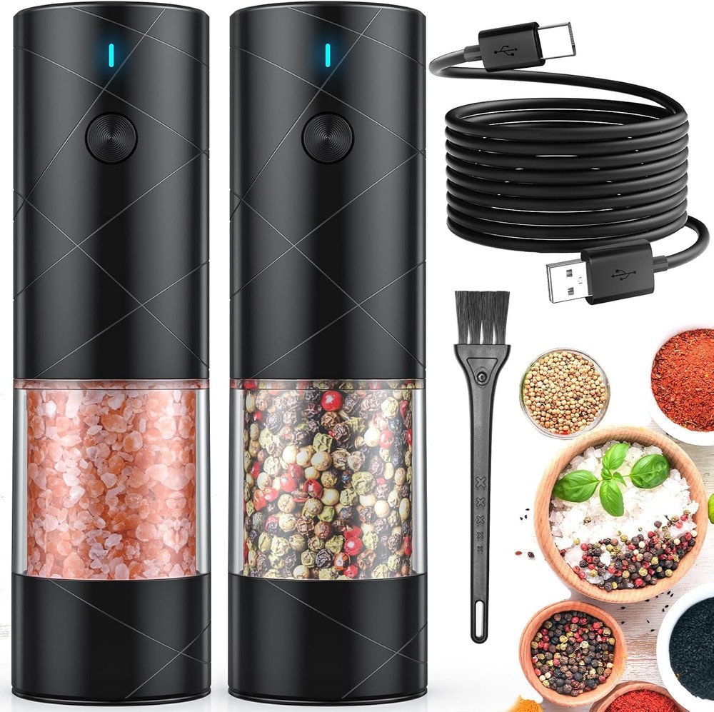 2Pack Electric Salt and Pepper Automatic Grinder Set USB Rechargeable with LED
