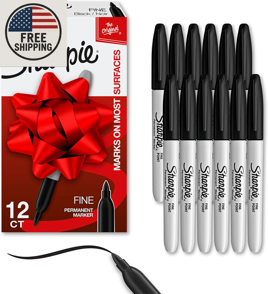 Sharpie Permanent Markers, Fine Tip, Black, 12 Count - for Classroom, Office, &