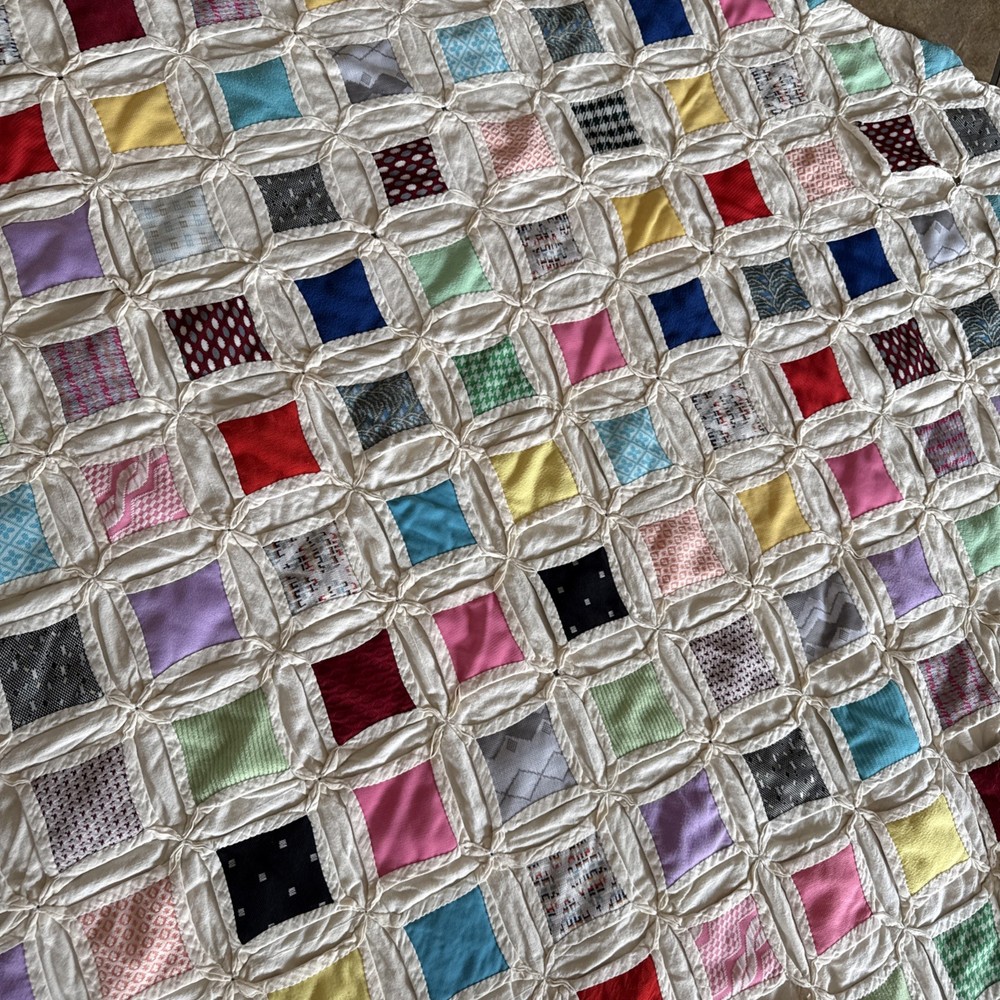 Vtg Cathedral Window Pattern Multicolored Quilt Handmade 80” X 49” Needs Work