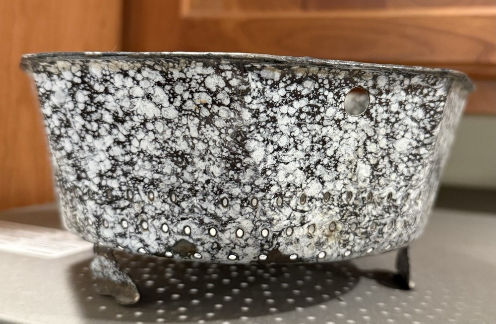 Vintage Small Enamelware Colander - Black and White - Octagonal