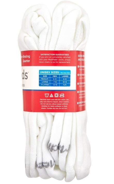 MediPeds Adult Men's NanoGLIDE® White Quarter Cushion Socks, Large, 4 pairs