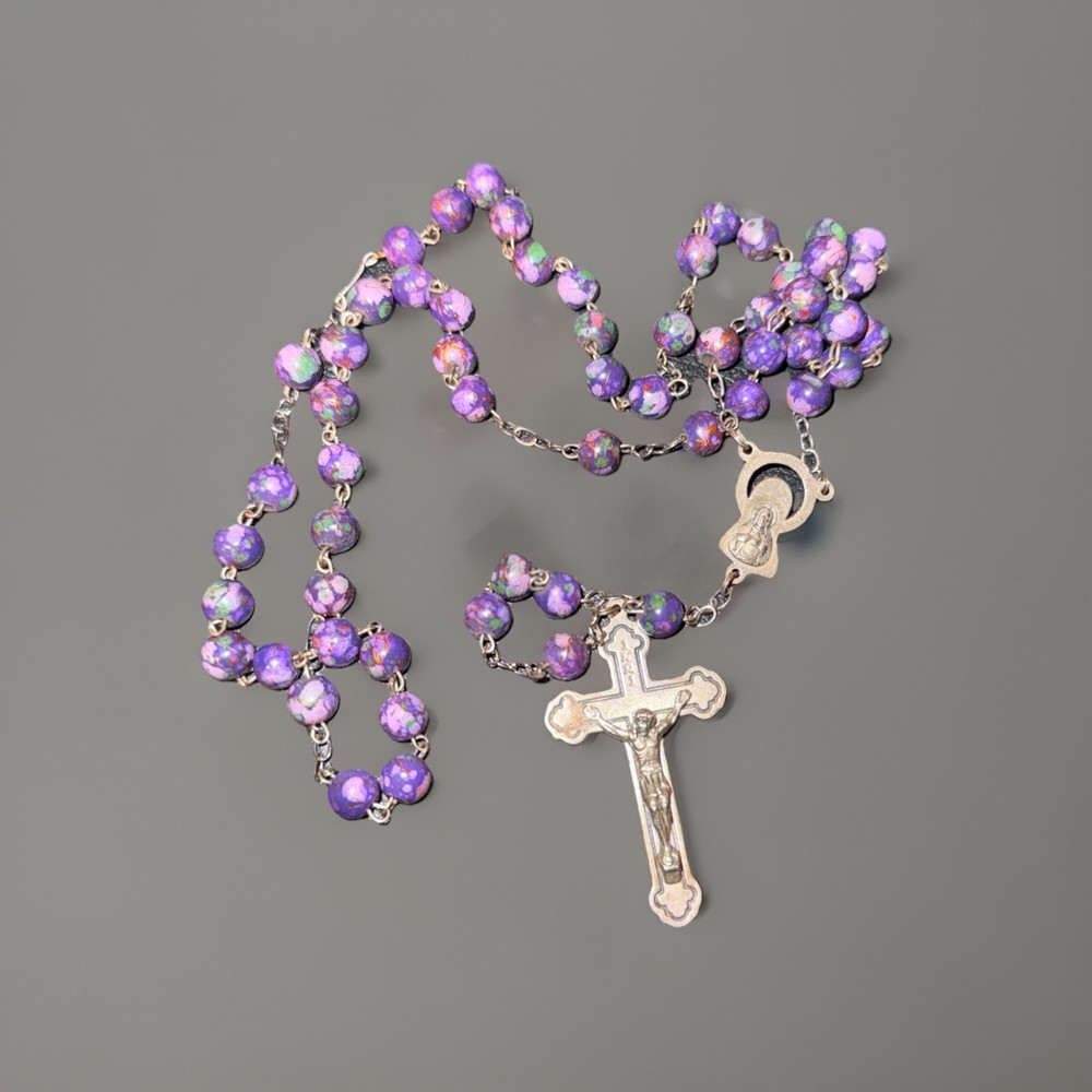 Vtg Purple/Green Beaded Rosary Silver! Gorgeous! 20.5”