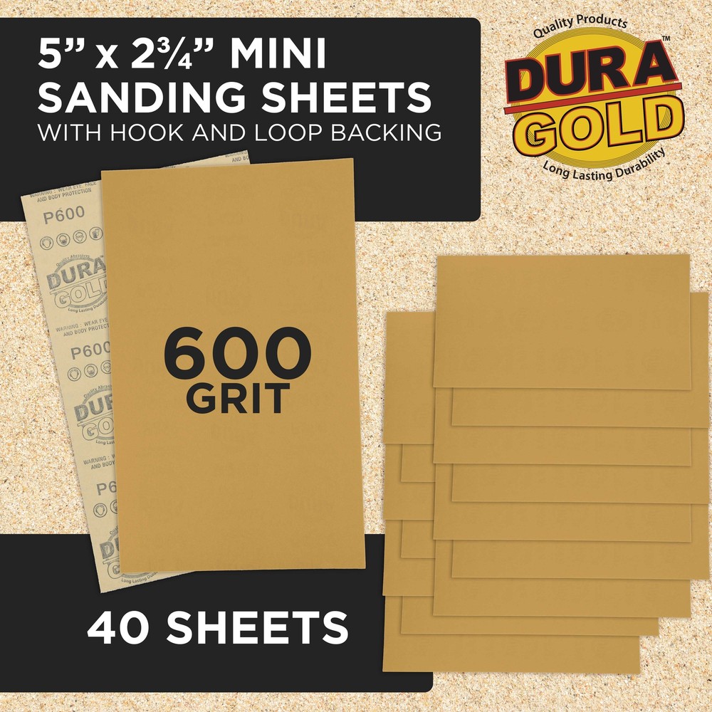 5" x 2.75" Sandpaper Sheets, 600 Grit - 40 Hook & Loop Sheets - Hand Sanding