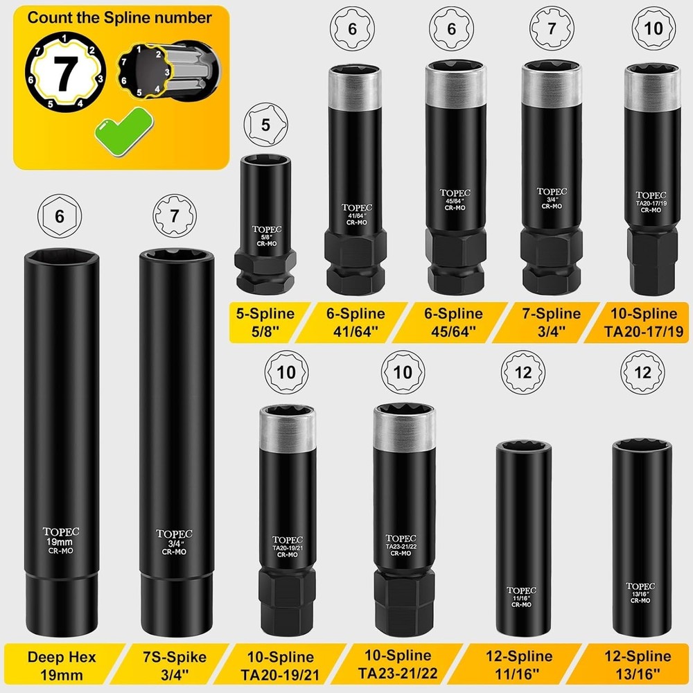 11-Piece Lug Nut Key Set - Spline, Spike & Hex Socket Removal Kit