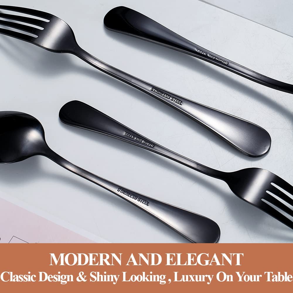 40 Pcs Black Silverware Set for 8, Mirror Polished Flatware Set Stainless Ste...