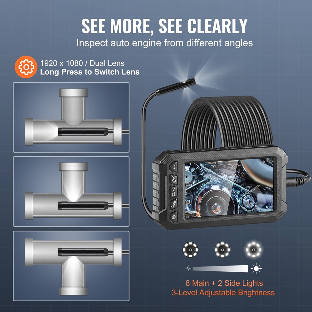 Endoscope Camera with Lights Triple Lens Borescope 16.4FT Cable 5" Screen