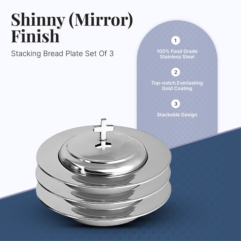 3 Stackable Communion Bread Plate Set | Stainless Steel – Shiny Mirror Finish
