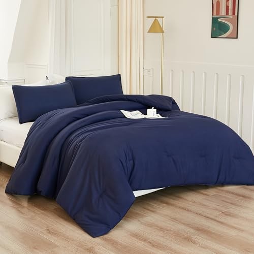 Comforter Full Size Set, 3 Pieces Lightweight Solid Full (79"x90") Navy Blue