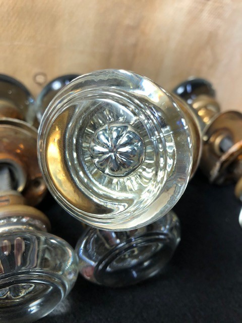 Antique Glass Rosette Door Knobs w/ Brass Hardware - 5 sets