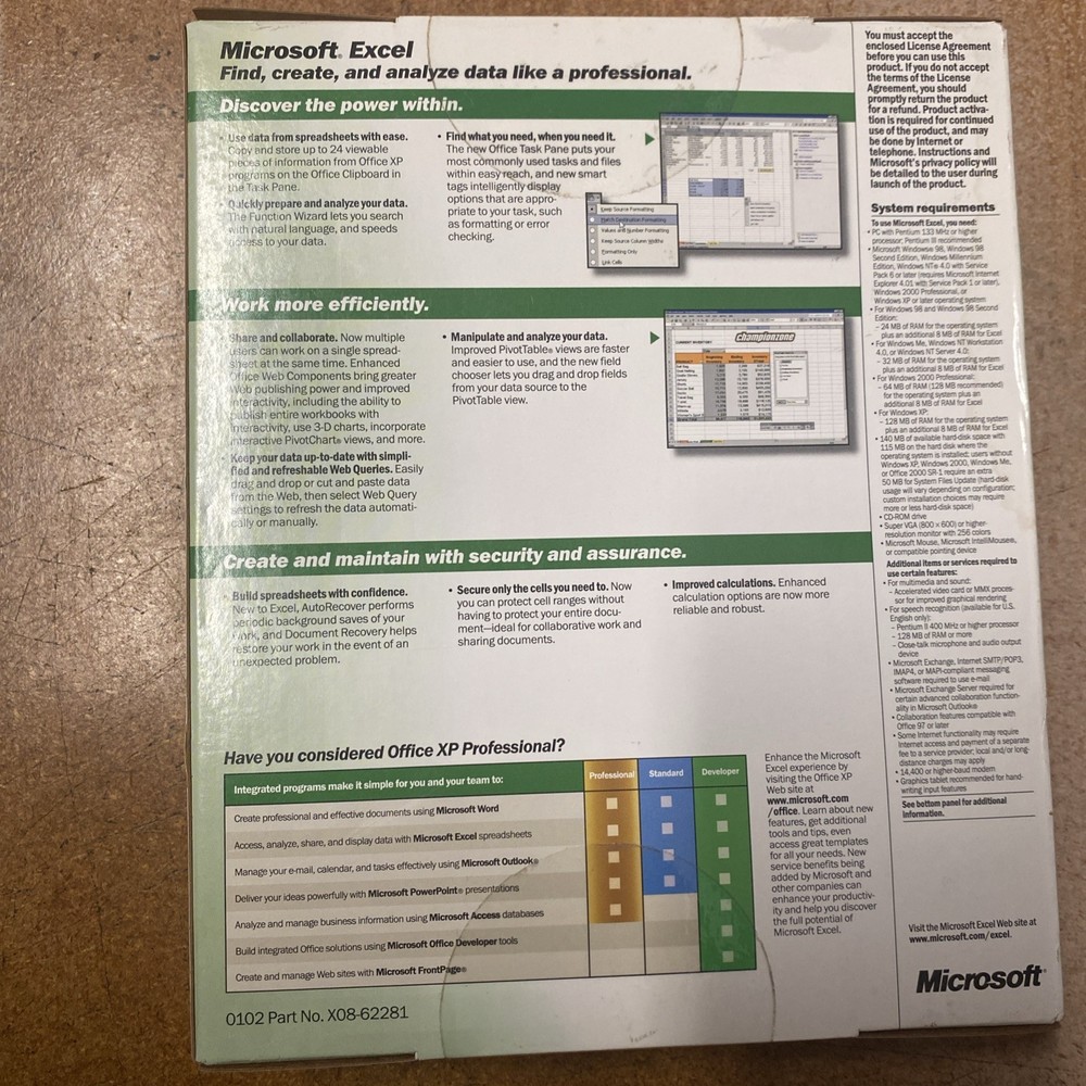 Microsoft Excel 2002 for Windows '98, 2000 Pro, NT Workstation 4.0