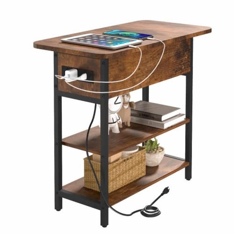 Rustic End Table W/ USB Charging Station & Storage Shelf Assembly Required