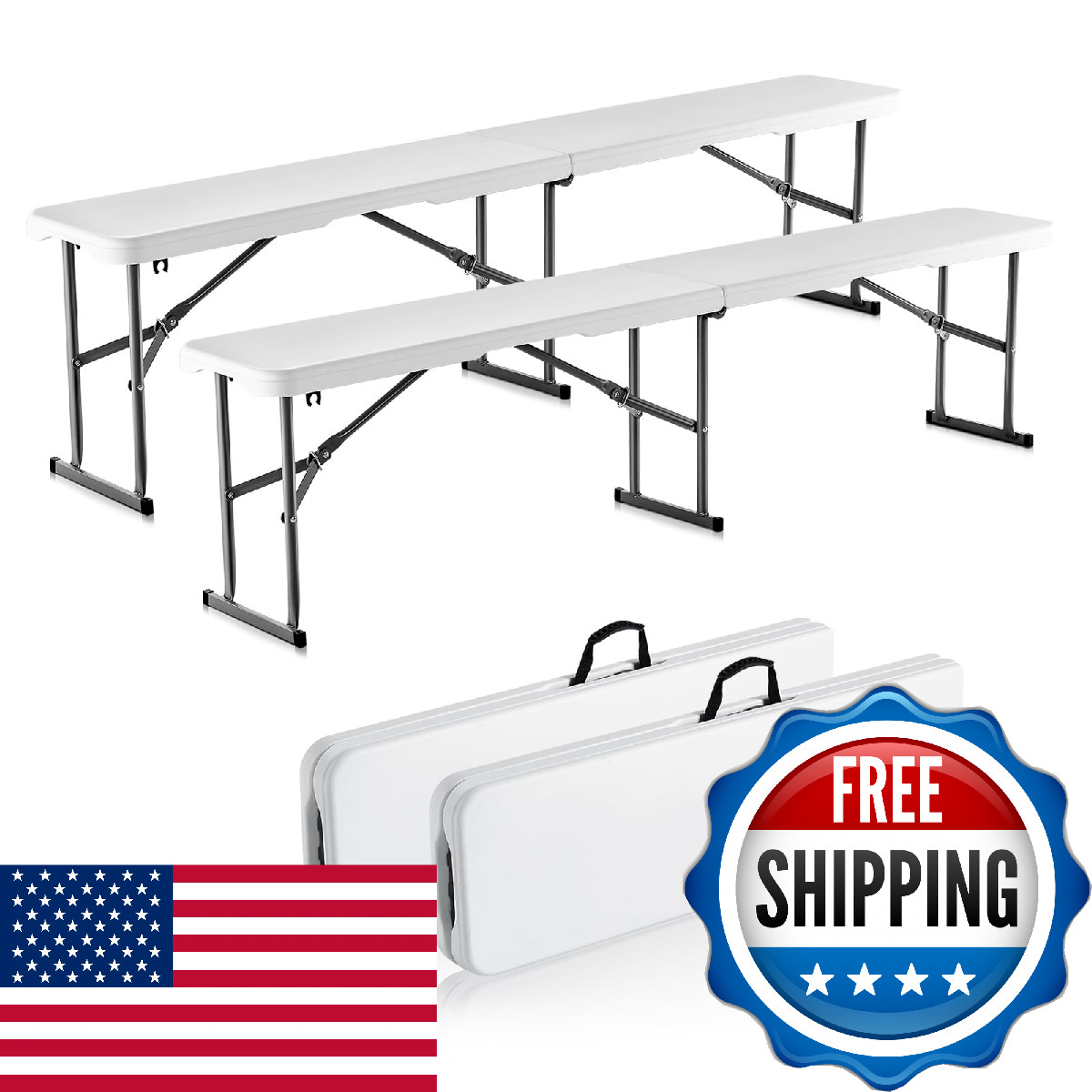 VEVOR Plastic Folding Bench, 6ft Portable Folding Bench, Smooth High Density Pol