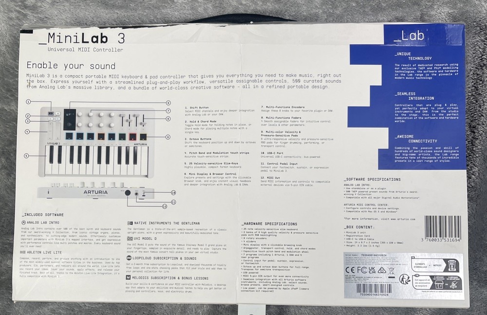 Arturia MiniLab 3 Keyboard Controller (25-Key) - White