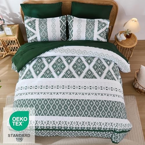Green Comforter Set Size 7 Pieces,Boho Aztec Comforter with Queen Dark Green