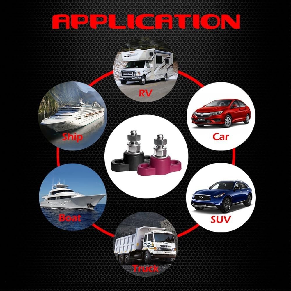 Ampper 1/4" Single Stud Battery Junction Posts Block, 1/4", Red & Black