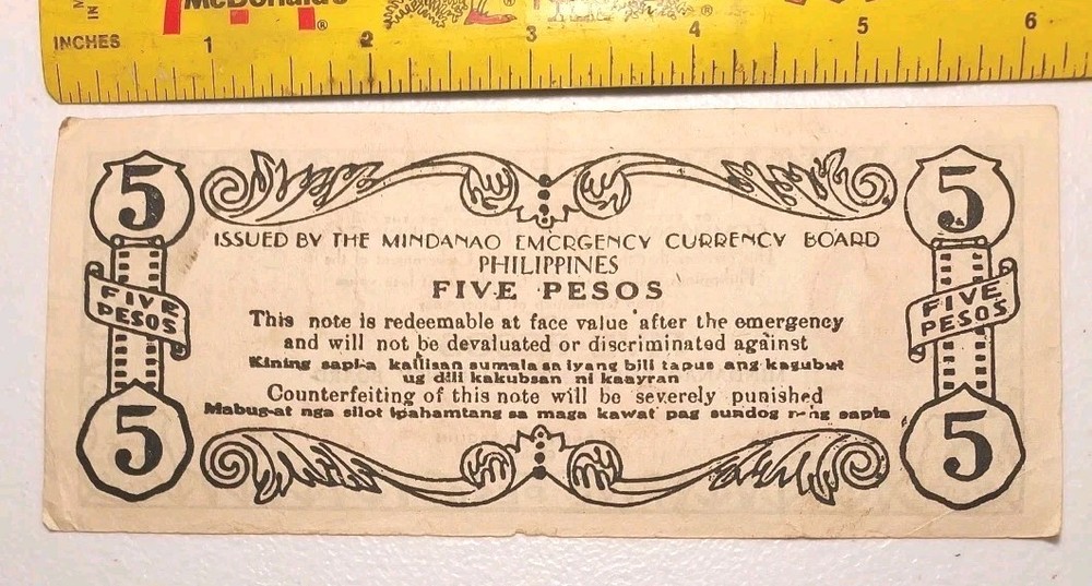 1944 Philippines/ Mindanao 5 Pesos Emergency WWII Note