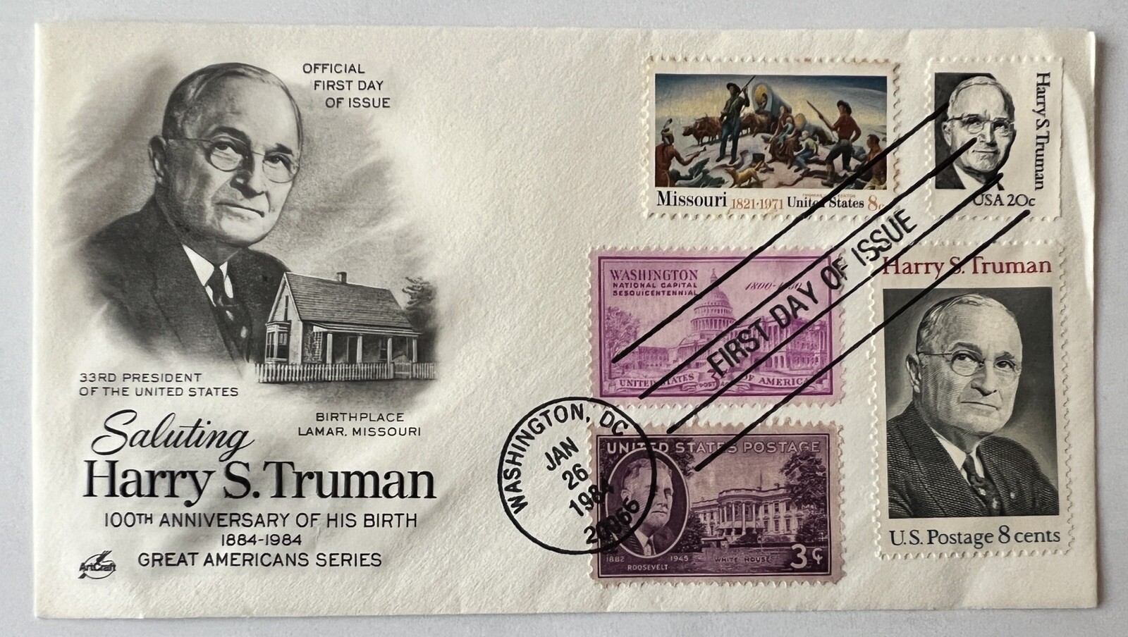 ERROR 1984 US HARRY TRUMAN FDC COVER WITH DIAGONAL CANCEL, WASHINGTON DC