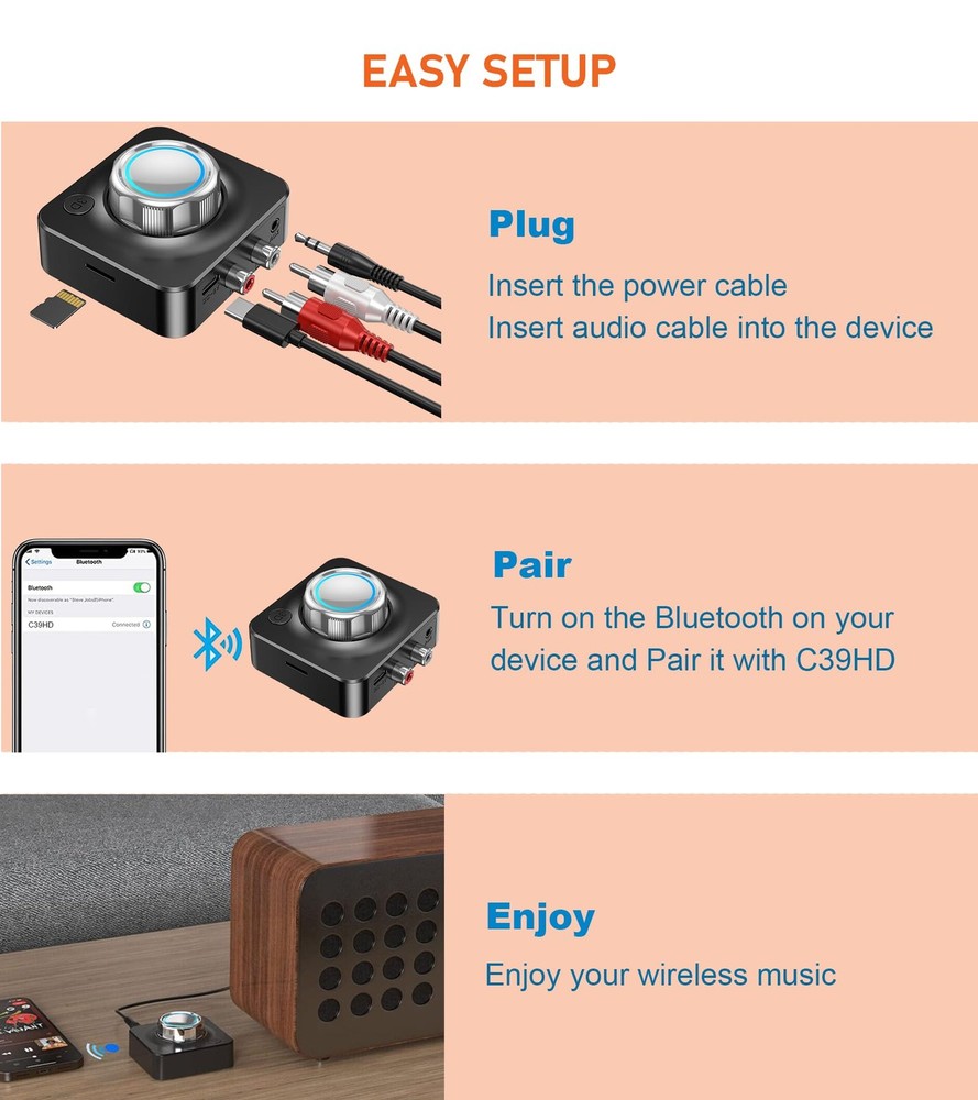 Bluetooth Receiver for Home Stereo, Bluetooth to RCA Adapter for Old Receiver...