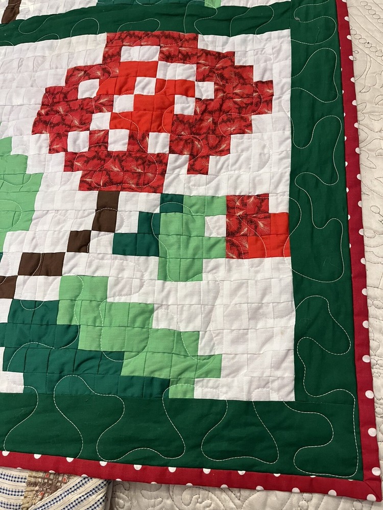Handmade Quilt Patchwork Cotton Floral Throw Pixelated Flower Red & Green