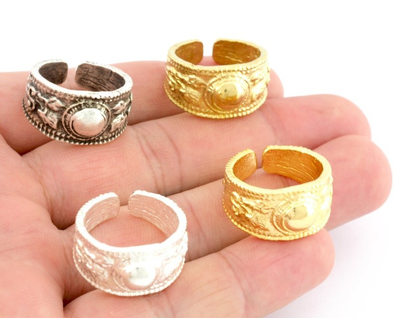 Marble Flower Adjustable Ring, Raw Brass, Antique Silver -3283