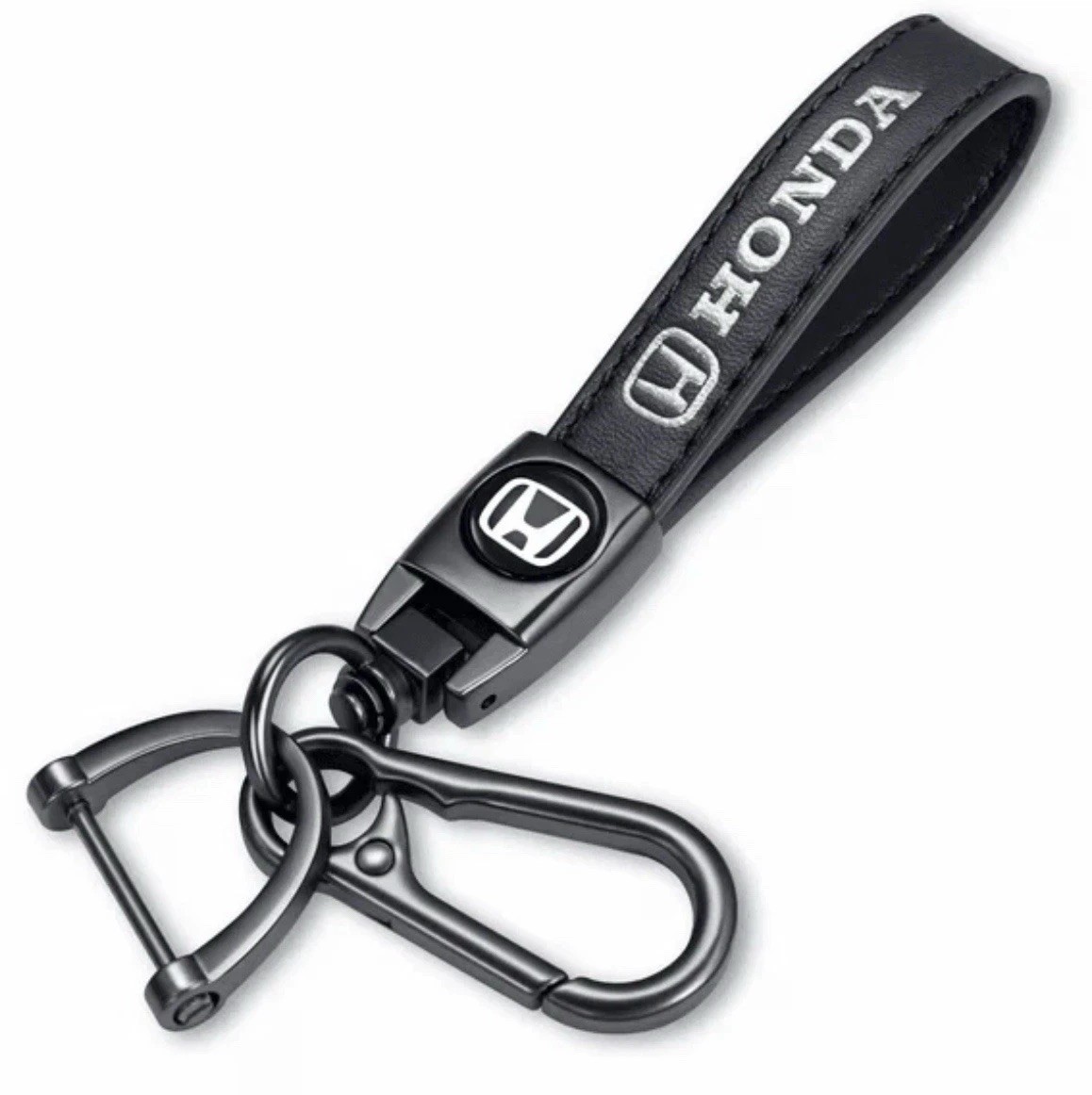 Honda Genuine Leather Black Chrome Metal Ring Car Keychain