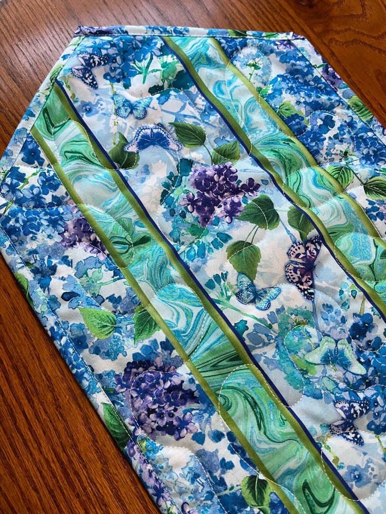 Handcrafted-Quilted Table Runner- Spring Is Coming: Hydrangeas, Butterflies 2025