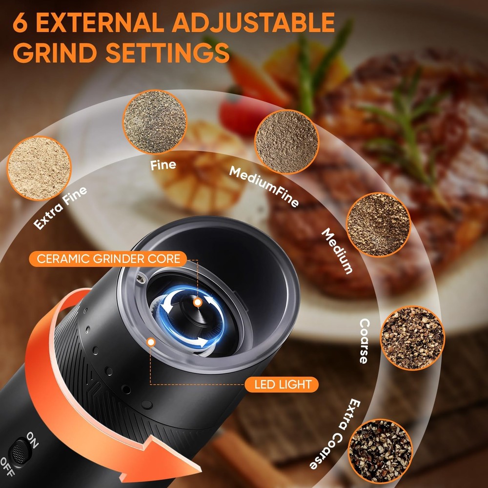 Salt and Pepper Grinder Set Rechargeable with Charging Base, Automatic Shaker...