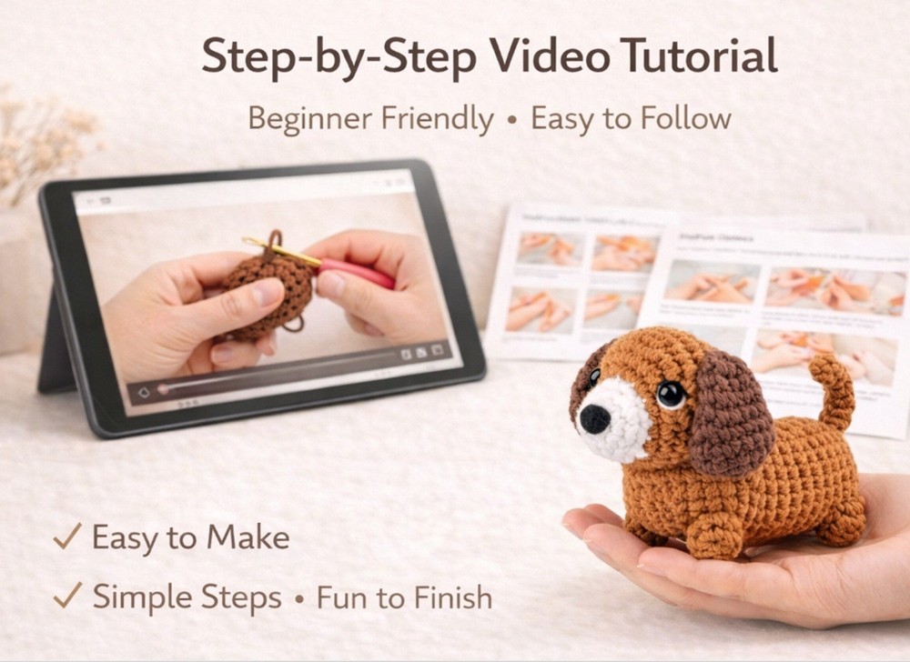 Beginner Crochet Kit 2 Dachshund Dog DIY Set with Step-by-Step Video Tutorial