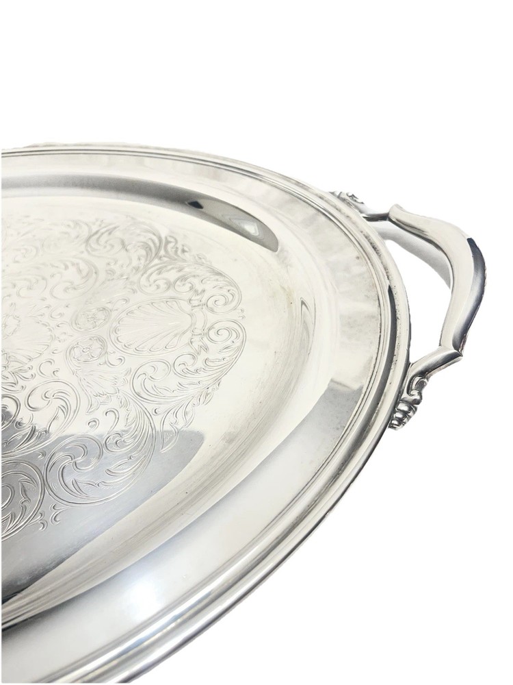 Silverplate Serving Tray Oval Handles Etched Shell Design Large 23”