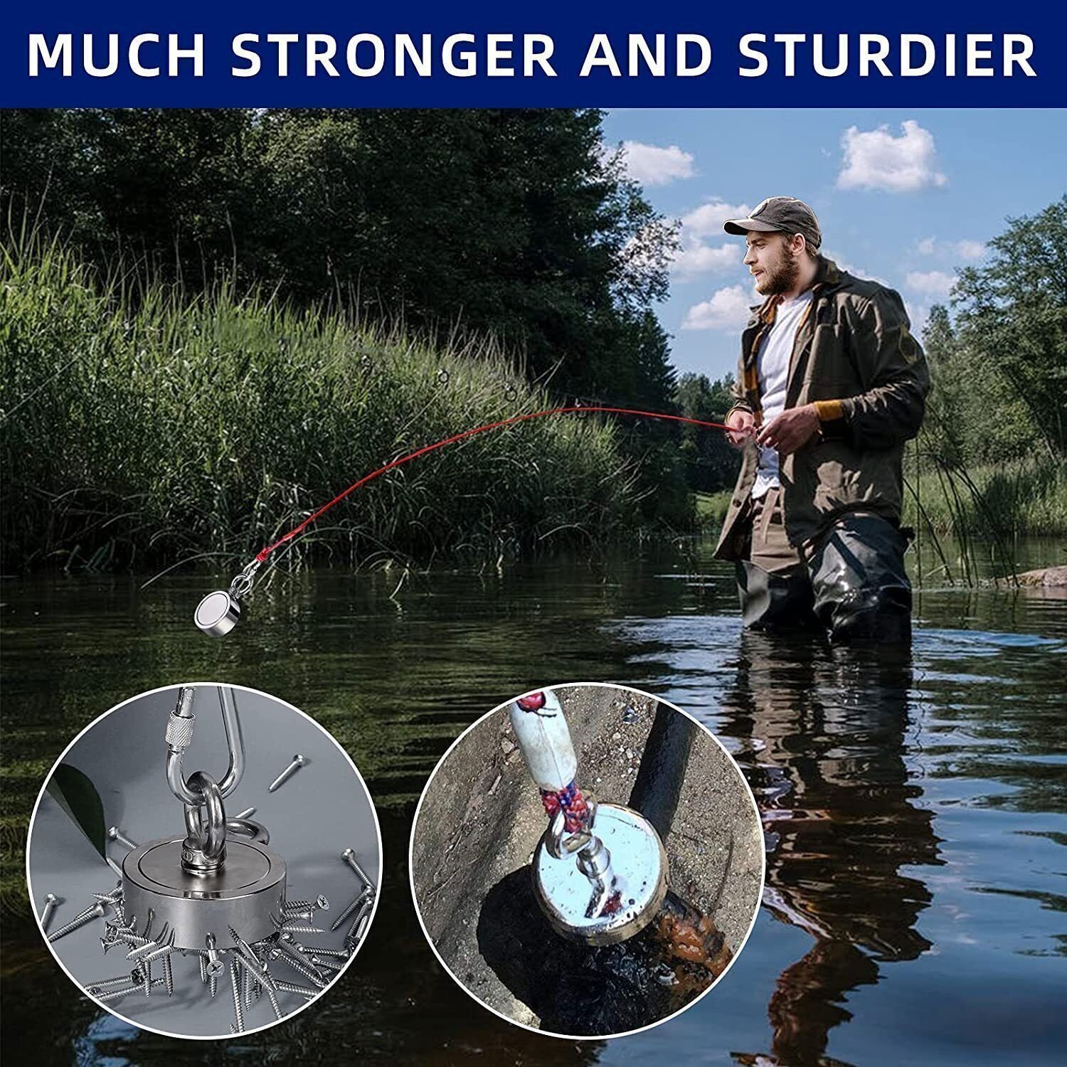 2000 LBS Strong Fishing Magnet Kit Double-Sided Pull Force and Rope Carabiner