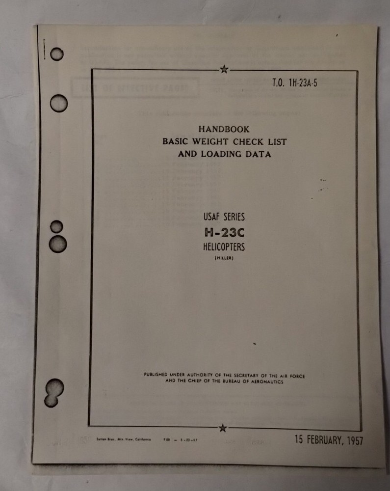 Hiller Helicopters USAF Series H-23C Basic Weight Checklist & Loading Data-Copy