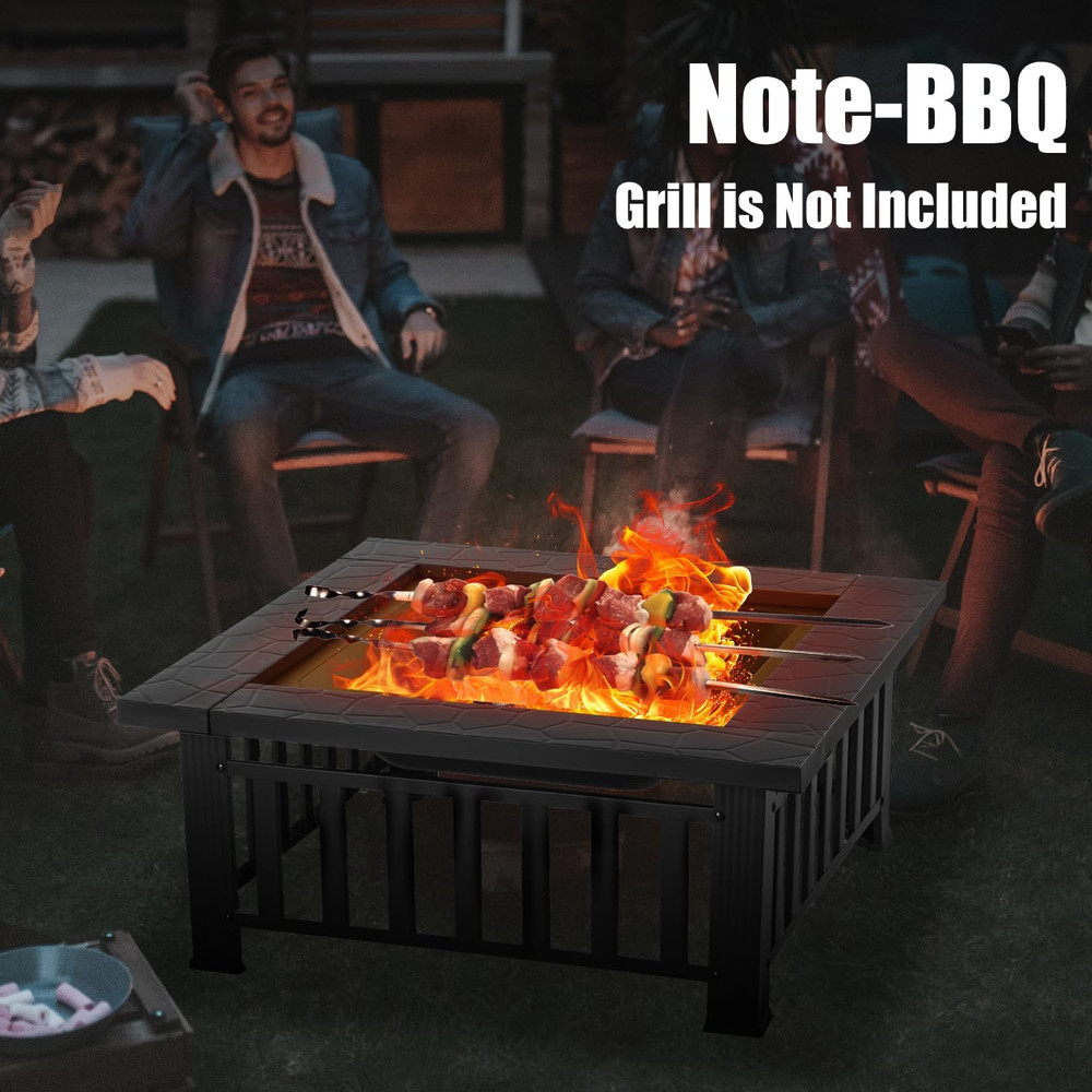 Econook 32 Inch Fire Pit, Square Outdoor Fire Pit Table with Spark Screen & Fire