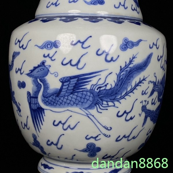9.6"China Qing Dynasty Kangxi Blue White Porcelain Dragon Phoenix Vase pot zun