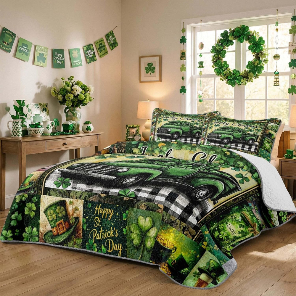 St. Patrick'S Day Patchwork Quilt Set Queen Size Shamrock Bedspread with 2 Pillo